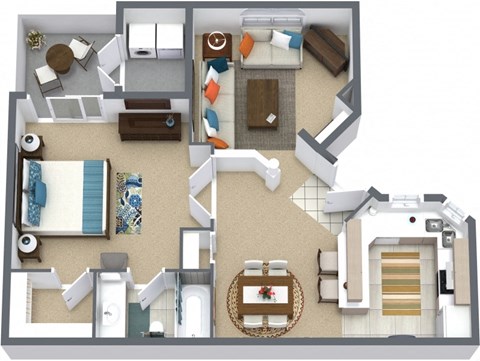 Floor plan for 1 bed, 1 bath, 670 sqft